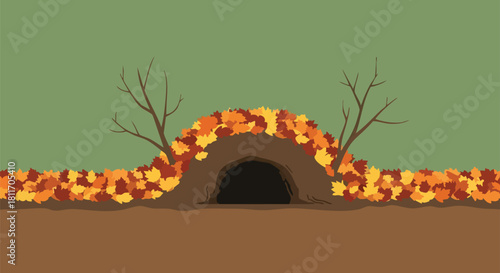 An illustration of an animal burrow entrance covered in a pile of colorful autumn leaves.