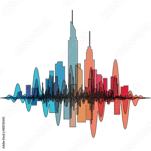 City skyline with sound wave reflection on white background.