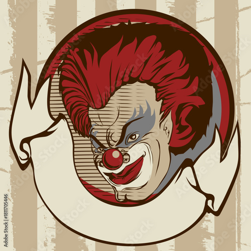 Scary evil clown face with red hair and banner in vintage style