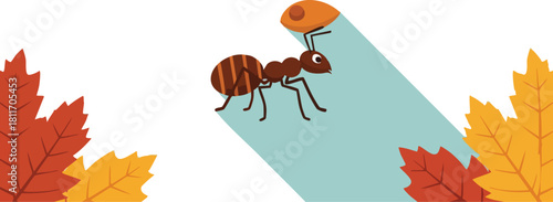 Cartoon ant carrying food with a long shadow, surrounded by autumn leaves on a white background.