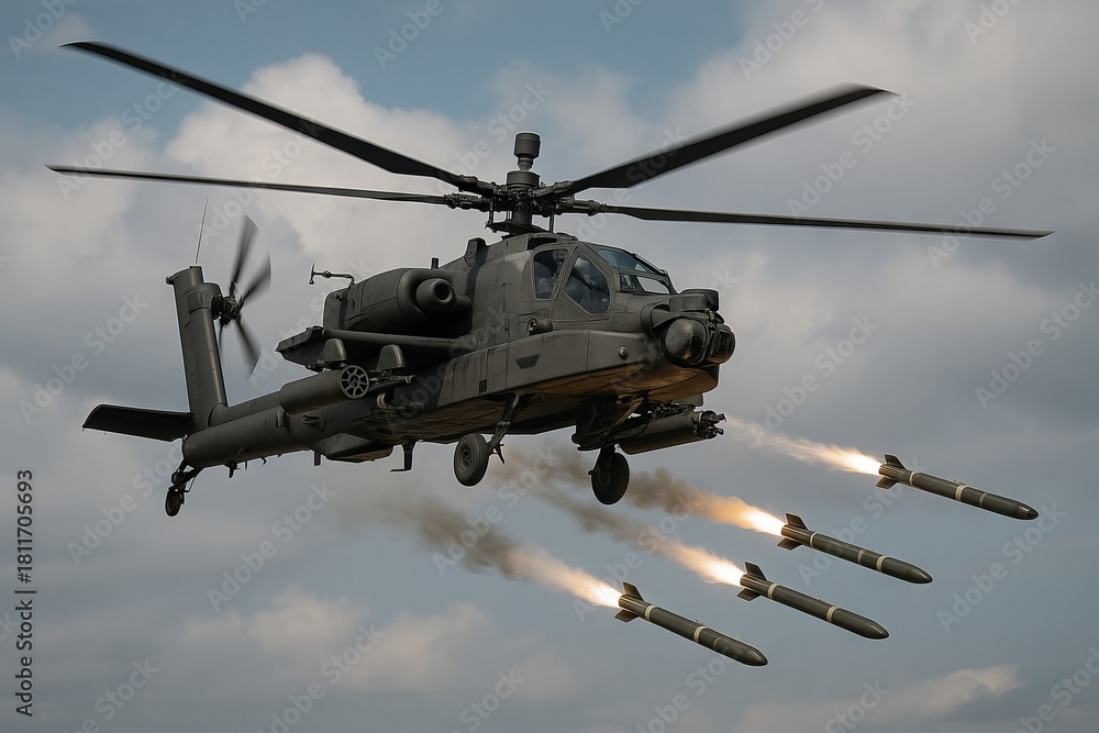 Fototapeta premium Military helicopter firing missiles across the sky. Combat helicopter in action, showcasing defense technology and modern warfare concept.