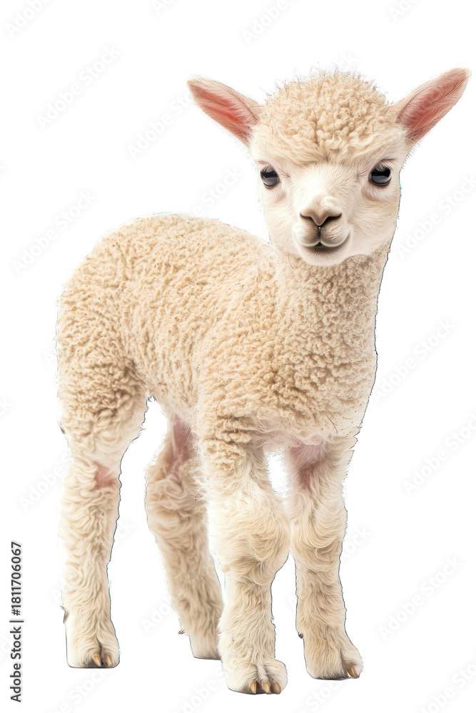 Obraz premium Fuzzy cream-colored alpaca baby standing upright, isolated on a transparent background