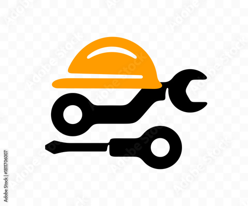 Helmet, circuit board, screwdriver and wrench, graphic design. Construction, technology and innovation, vector design and illustration