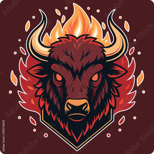 A powerful and furious bull head mascot surrounded by intense burning flames