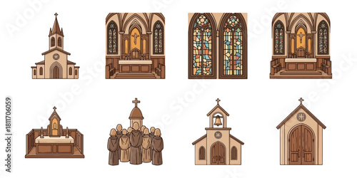 Church illustrations set religious architecture buildings