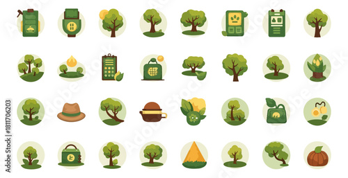 Collection of stylized green tree and nature icons for environmental themes