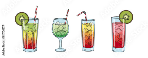 Colorful cocktail illustrations with straws and fruit garnishes