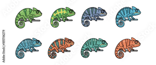 Colorful chameleon illustrations set on black background