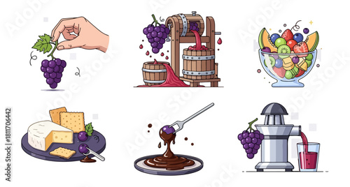 Culinary delights grapes wine cheese fruits and juices illustration
