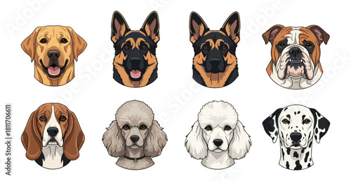 Dog breeds heads collection set isolated vector illustration