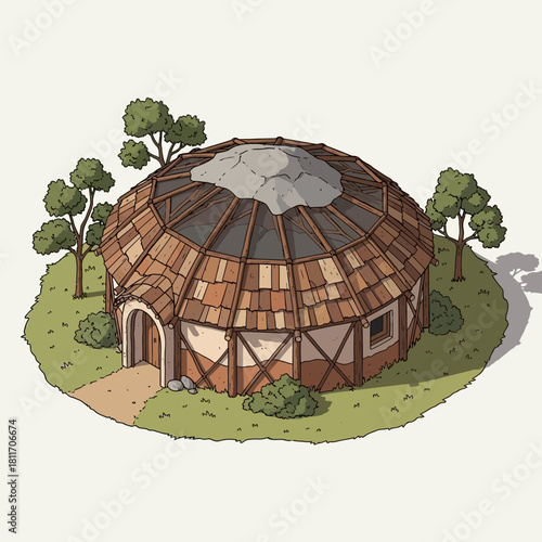 A unique illustration of an eco-friendly, earth-sheltered, round-shaped house