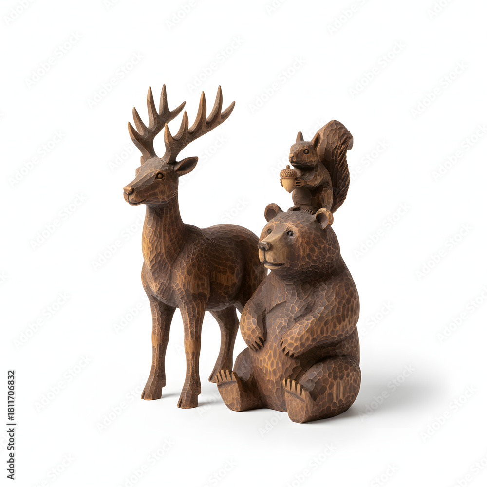 Obraz premium A set of rustic, hand-carved wooden animals (reindeer, bear, squirrel) clustered together. Isolated in white background