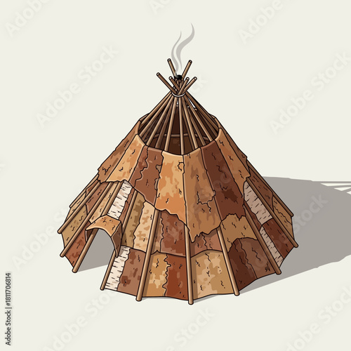 Detailed Illustration of a Traditional Indigenous Tent with a Smoke Vent