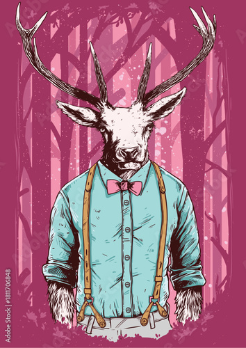 Hipster deer man in shirt and suspenders against forest