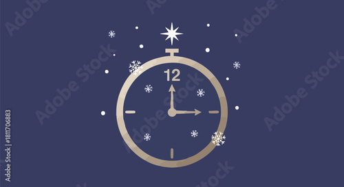 Clock striking midnight with snowflakes on a blue background.