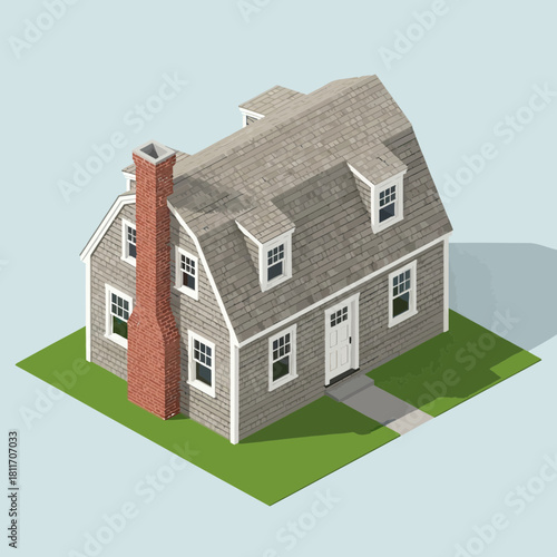 Isometric illustration of a charming cape cod style house with classic details