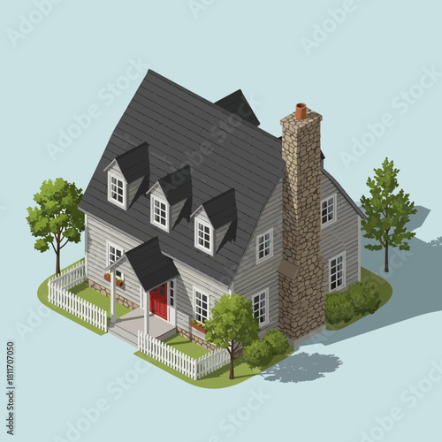 Isometric illustration of a classic two-story house with trees and fence