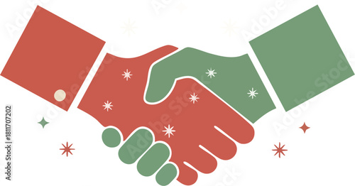 Illustration of a handshake with red and green hands and sparkling stars.
