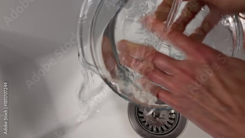 Domestic Routine: A close-up of hands thoroughly washing a glass bowl under a stream of fresh, running water in a kitchen sink, ensuring it is clean for cooking or serving