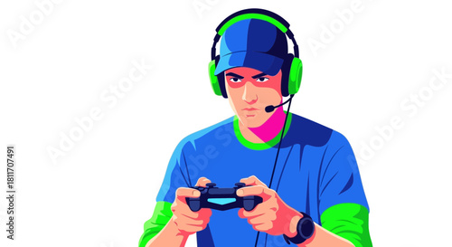 Intense gamer immersed in virtual world, focused expression, holding controller, wearing headset, vibrant and modern vector illustration for esports or gaming content