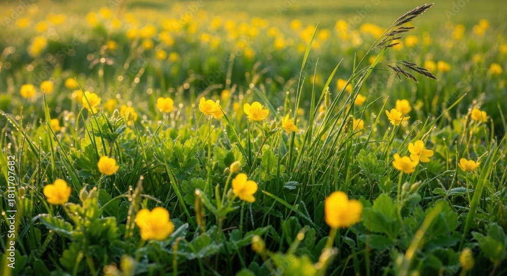 Obraz premium Golden buttercups bloom amidst verdant grass, creating a cheerful natural scenery bathed in