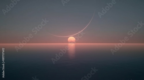 Sunset over the ocean with a planet's arc