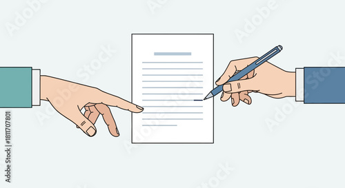 Signing a contract agreement with pen and pointing finger, sealing a business deal with professional hands, agreement, partnership, legal, and teamwork