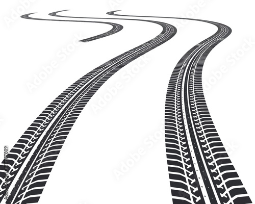 Winding tire tracks on a white background showing direction and journey
