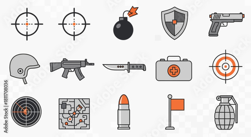 Modern military icons ready for deployment: Shield, gun, bomb, helmet, and more gear for tactical games, defense, or security needs in your project