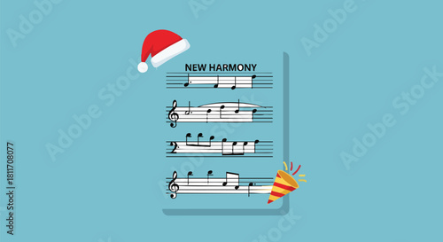 Sheet music with a Santa hat and party favor, representing a holiday theme.