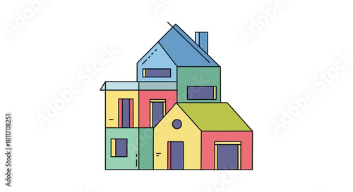 Stylish home illustration with whimsical architecture, perfect for real estate marketing, home design blogs, and modern family lifestyle promotions