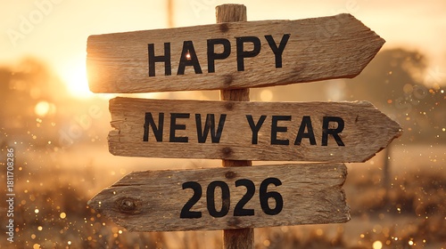 Rustic Wooden Signpost Displaying 'Happy New Year 2026' in Golden Light, Celebration and New Beginnings Concept