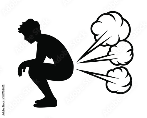Silhouette of person passing gas, cartoon clouds of smoke depicted