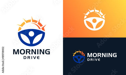 Morning trip logo design template illustration. Steering wheel concept vector design with sun symbol graphic icon