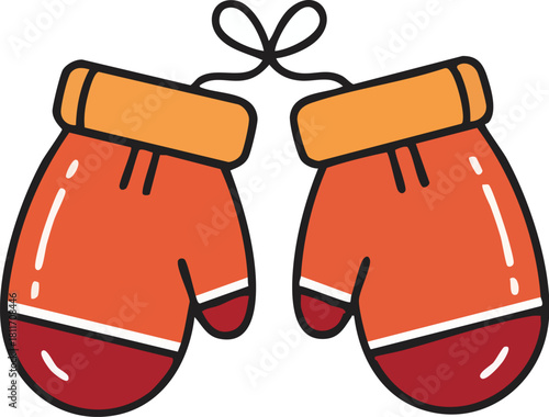 A pair of cartoonish red and orange winter mittens tied together with a black string, ready for cold weather.