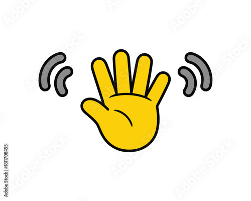 Waving yellow hand cartoon emoji on white background