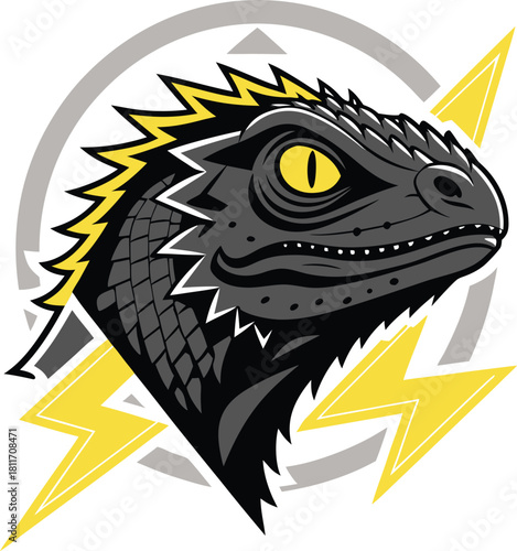 Dynamic raptor head with yellow lightning bolts, an aggressive reptile mascot emblem for a sports team