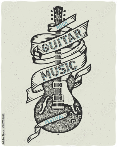 Vintage rock guitar illustration with banner ribbons for music festival