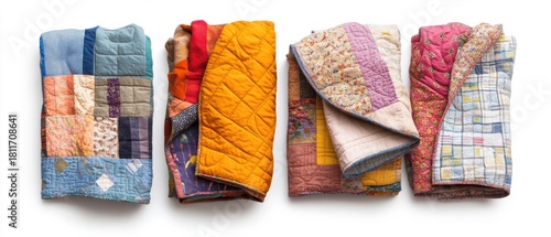 Hand-Sewn Patchwork Quilts Stacked Artistically for Cozy Home Decor