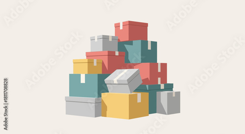 Organized delivery boxes stacked for shipment, representing logistics and moving services with colorful package design in a modern, minimalist style