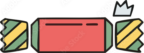 A simple cartoon illustration of a Christmas cracker with a paper crown, isolated on a white background.