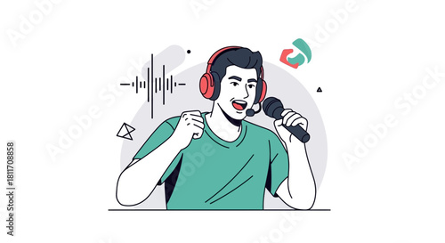 Dynamic podcaster passionately sharing ideas with headset and microphone, inspiring audio content creation, modern broadcast, originally a scalable vector graphic