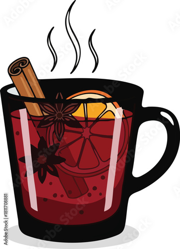 Steaming mug of mulled wine with cinnamon stick, star anise, and orange slice illustration.