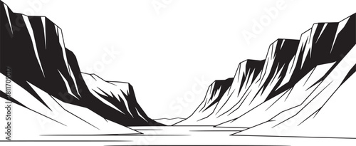 Black and White Line Art of Canyon Landscape

Minimalist Mountain Valley Vector Illustration

River Flowing Between Cliffs: Sketch Style Drawing