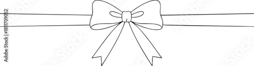 A simple black and white line art illustration of a decorative bow tied around a horizontal ribbon, perfect for gift wrapping or borders.