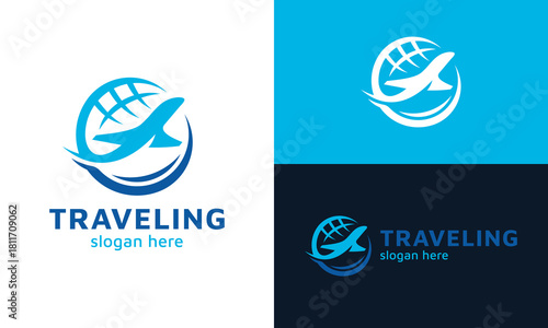 Traveling logo design template illustration. Travel agency concept.  Airplane design with globe symbol graphic icon. 