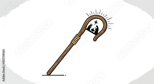Illustration of a shepherd's staff with a nativity scene silhouette, radiating light.