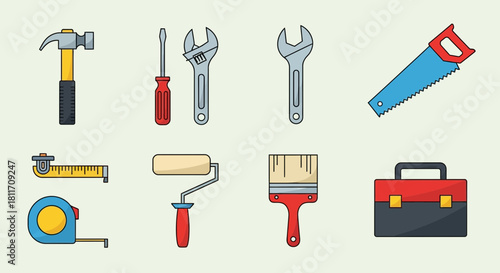 Essential tools for home improvement projects - Hammer, screwdriver, wrenches, saw, tape measure, paint roller, brush and toolbox for the perfect DIY.