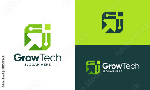 Modern growth tech logo design template illustration. Arrow vector design with digital technology box symbol graphic icon