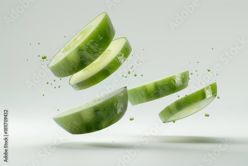 Fresh Cucumber Slices Falling in High-Speed Photography for Culinary Creativity